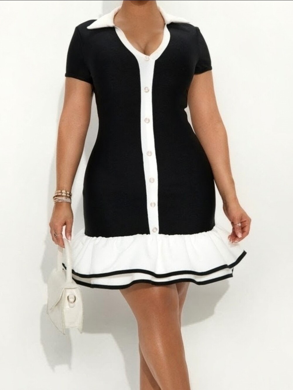 Black and White Collar Button-Front Ruffle Hem Dress